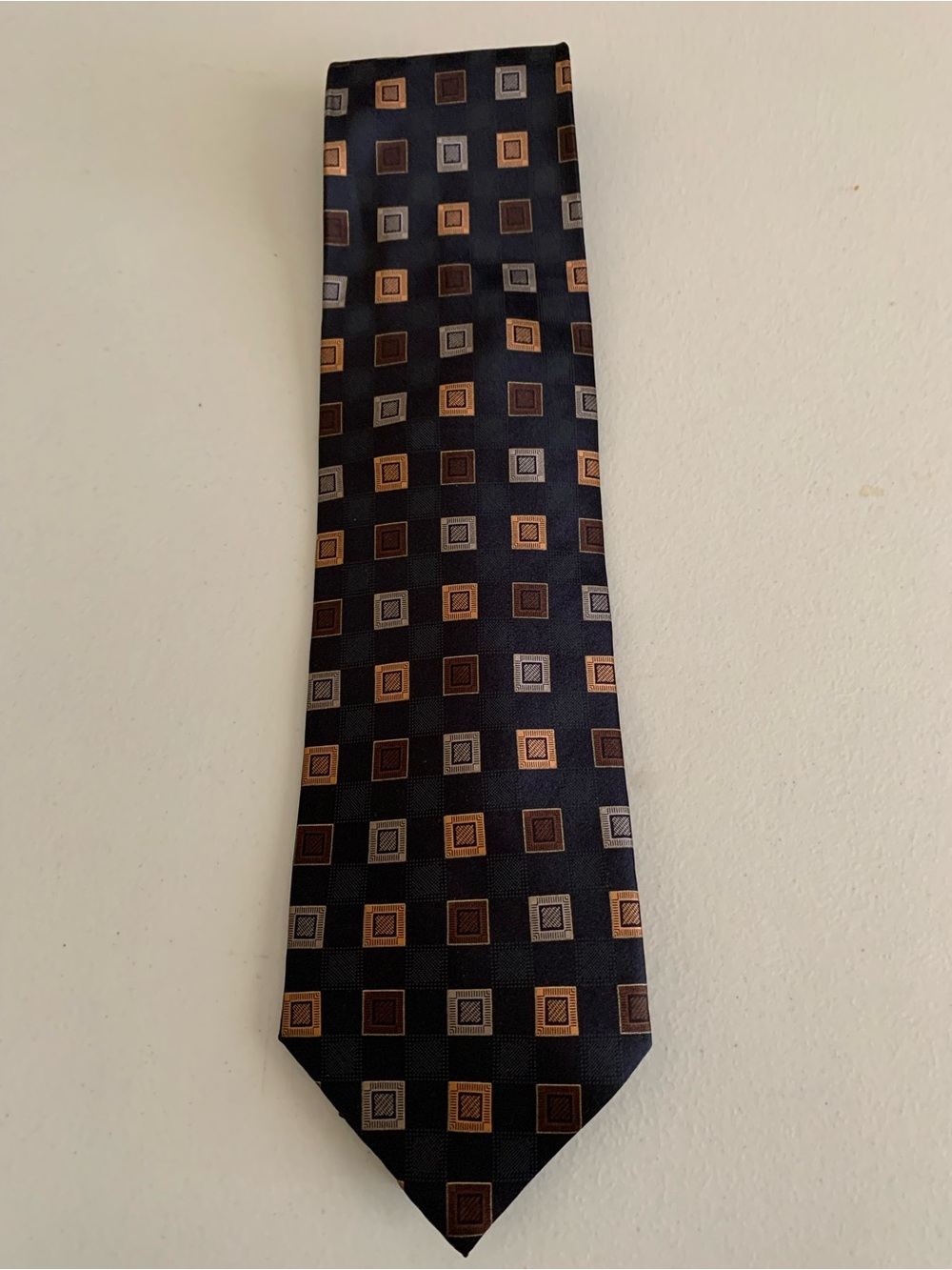 croft & barrow Black Tie with Brown and Gold Square Pattern 100% Silk